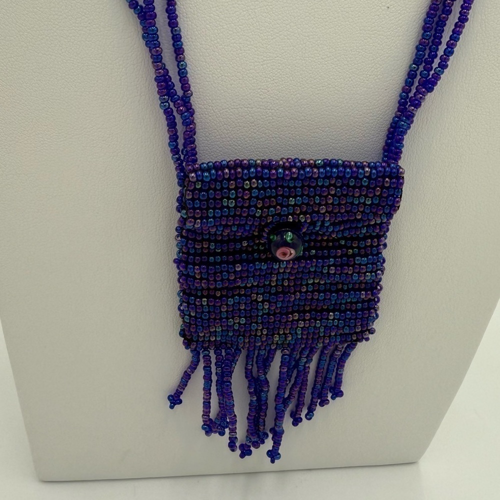 Vintage Purple Color Beaded Amulet Pouch Necklace with Rose Glass Bead - Picture 3 of 8